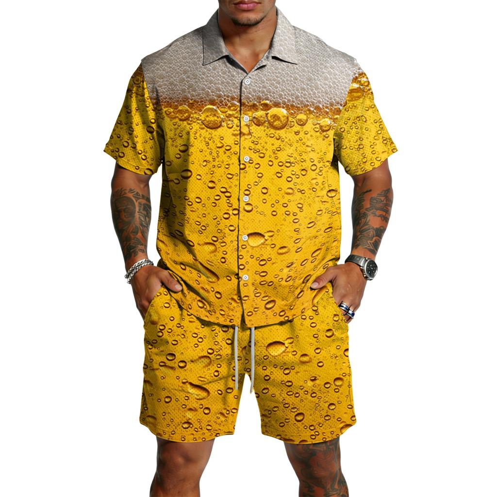 Herren Casual Kurzarmhemd und Shorts Set Bierfest Druck Knopfleiste Leichtes Sommeroutfit Entspannte Passform