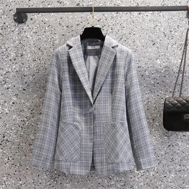 Single Button Blazer Frauen Jacke Slim Fit Büro Dame Blazer Mantel Chic Plaid Oberbekleidung Weibliche Taschen Jacken Modische Tops
