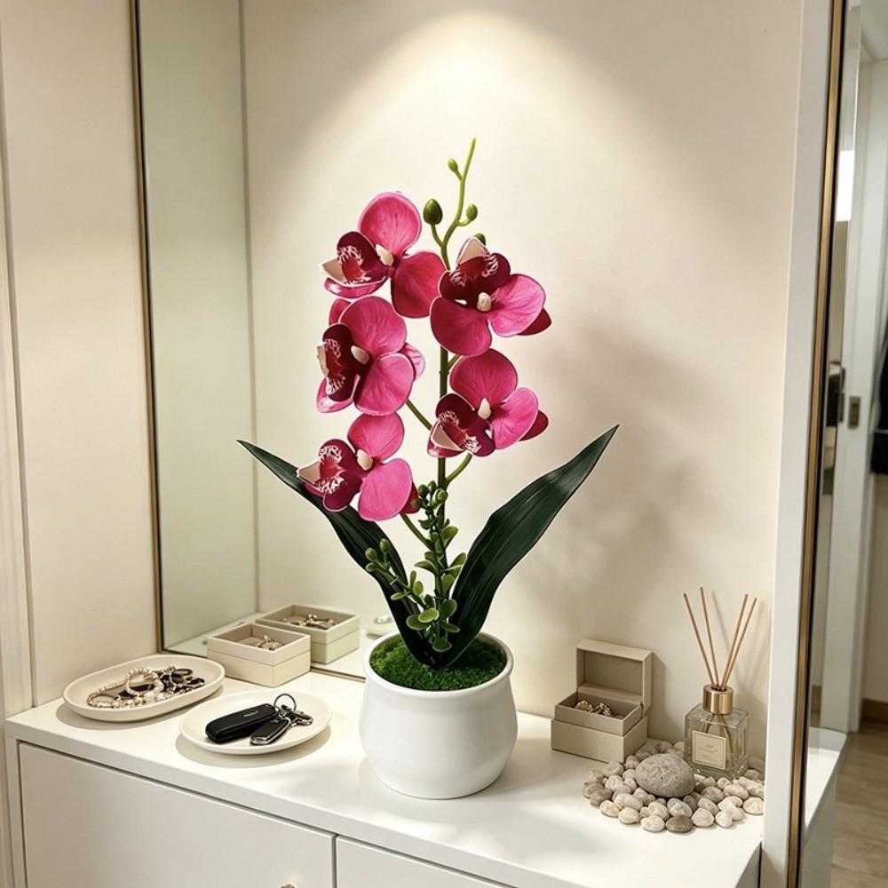 Pink Simulated Flower Butterfly Orchid Potted 5 Heads Artificial Faux Plants Home Decor