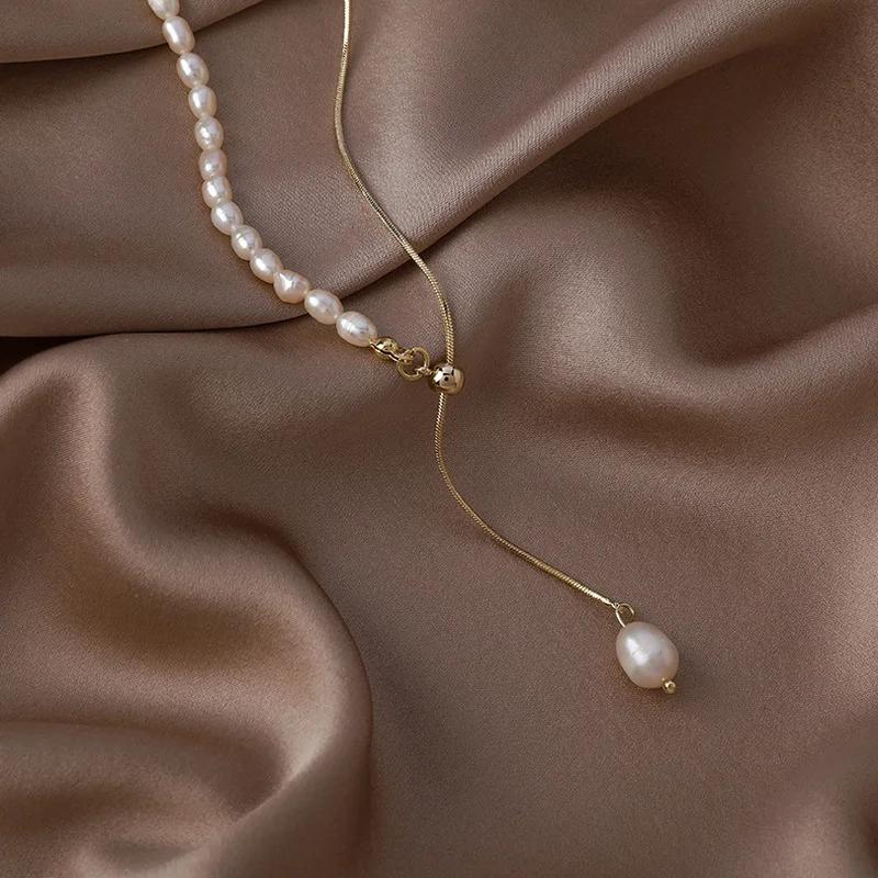 French Vintage Baroque Freshwater Pearl Long Tassel Necklace Women Gold Plated Copper Snake Chain Asymmetry Choker