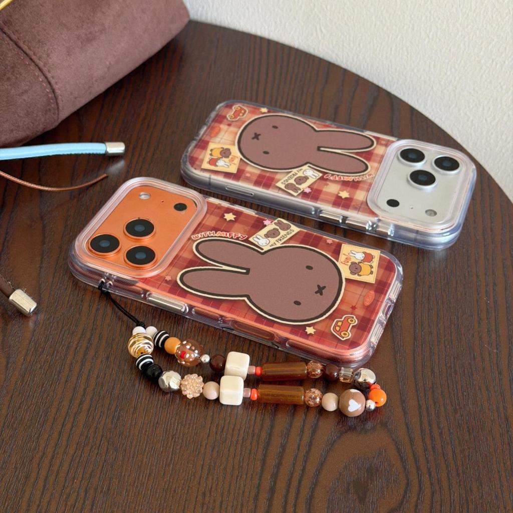 Black Plaid Leather Miffy Rabbit Case for iPhone 13 To 17 Pro/Max