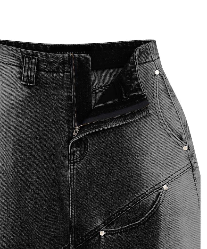 Teulimingbeodeu Curved Pocket Cut Denim Skirt [ Black ]