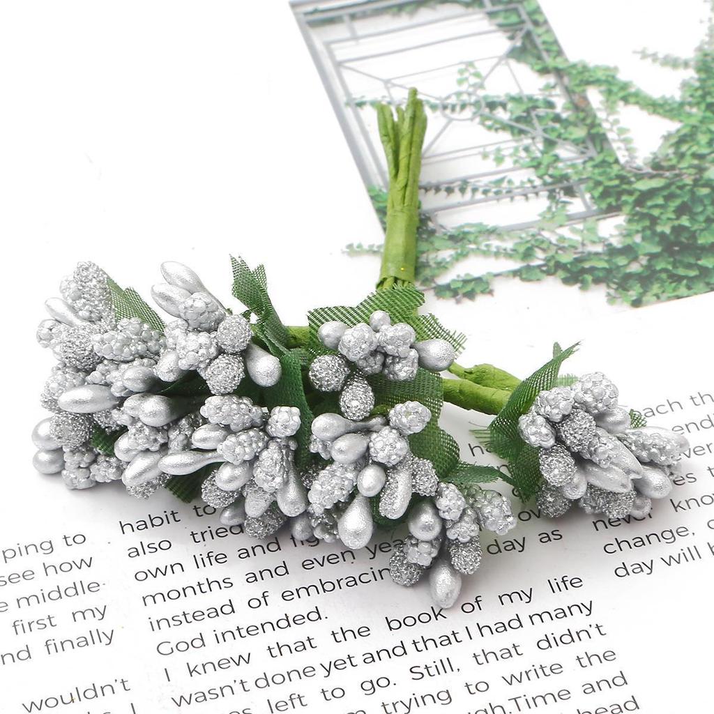 90-Piece Silver Chiffon Flower Stamens & Tinsel Berries DIY Craft Set