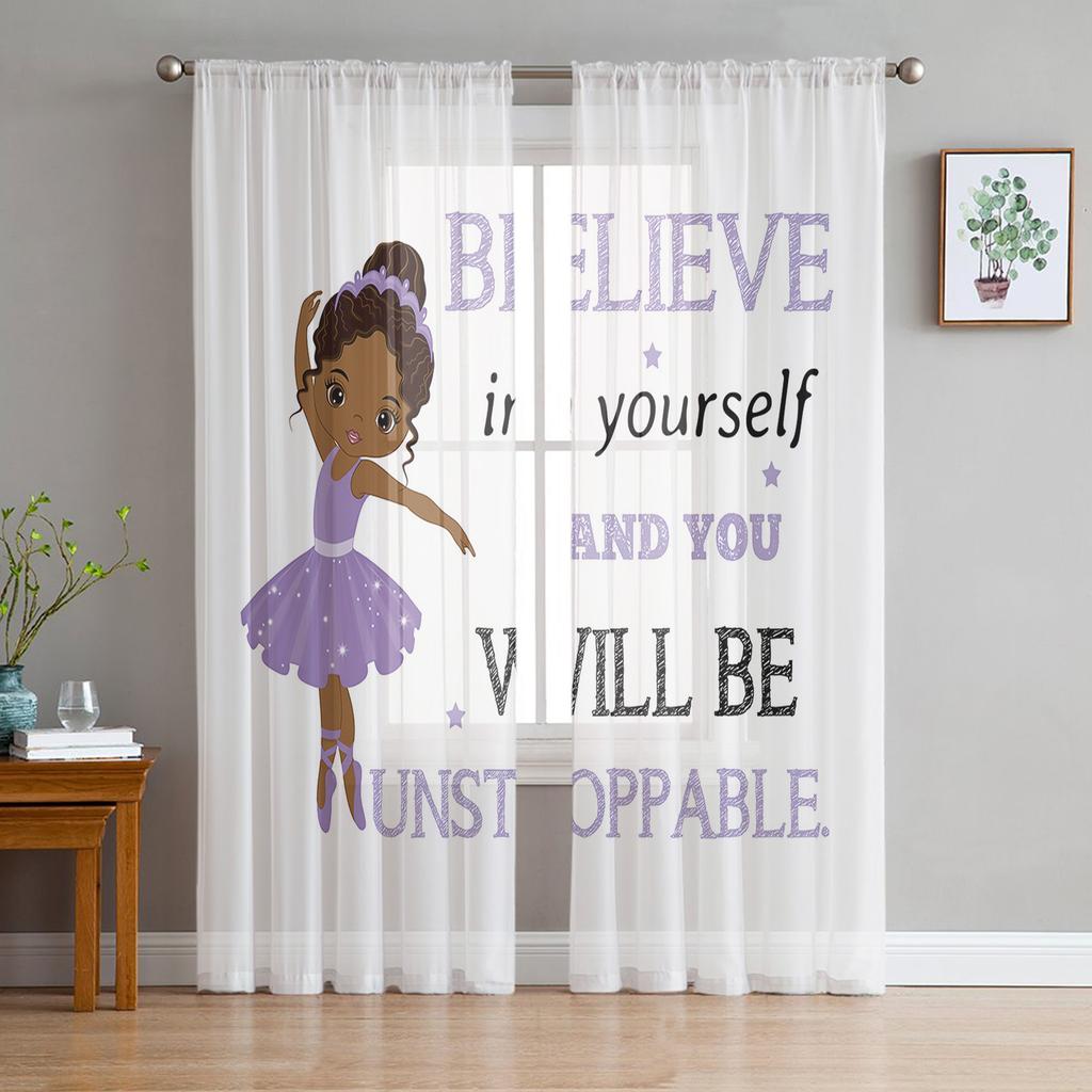 Ballet Dancer Girl Pink Flower Sheer Drapes Window Curtains for Living Room Bedroom Home Decor Cherry Blossoms Chiffon Curtain