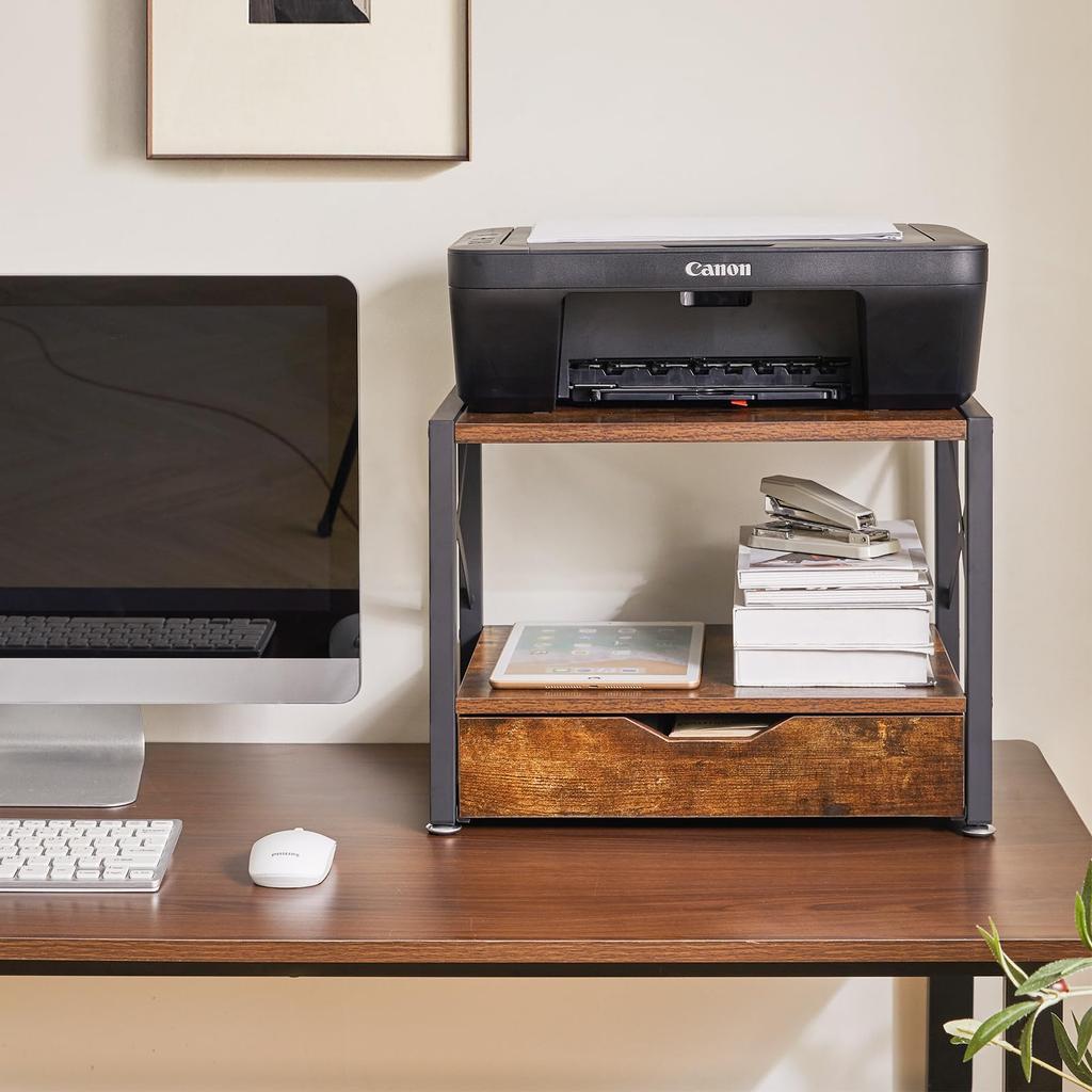 IBUYKE Wooden Printer Desk Storage Rack with Drawer Desktop 44cm X 29cm X 33cm Easy JPTLJ006H 2-Tier Stand, (Bottom Tier), & Under-Desk Storage, (W)