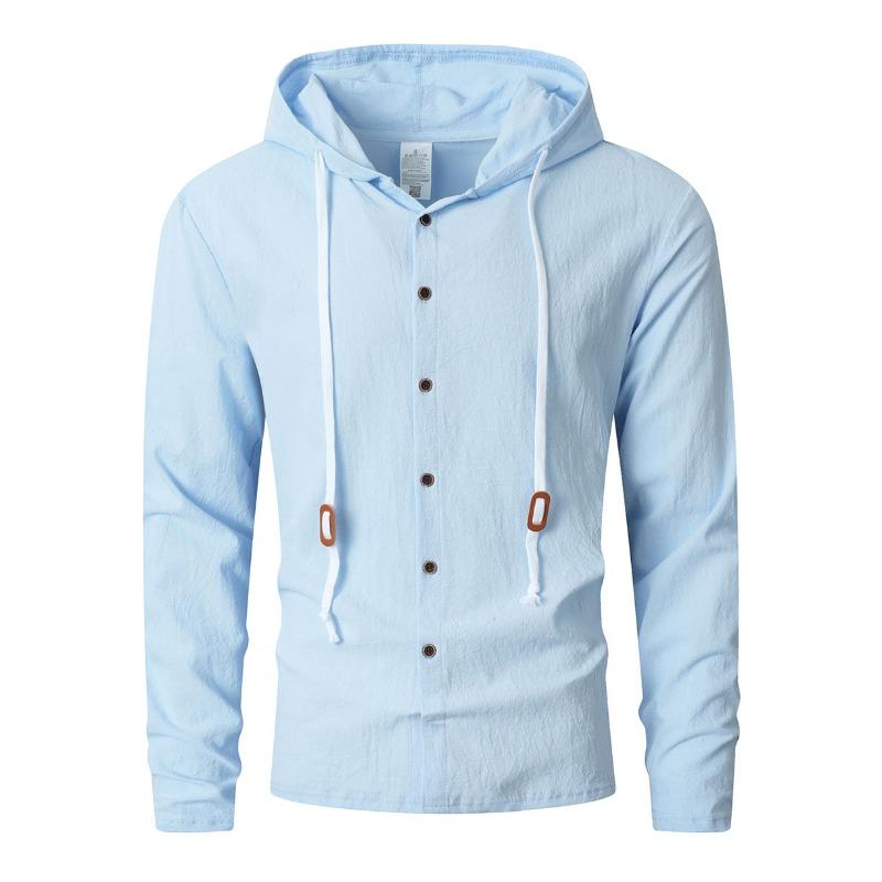 Men's Hooded Linen Blend Shirt, Loose Fit Button-Up Shirt, Long Sleeve Wrinkle-Free Moisture Wicking Casual Top