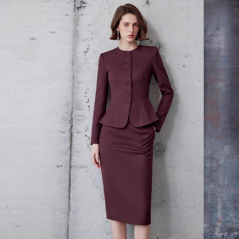 AD Ancora Women's Red Slim-Fit Round Neck Suit Jacket and Skirt Set - High-End Socialite Style for Professional Commute