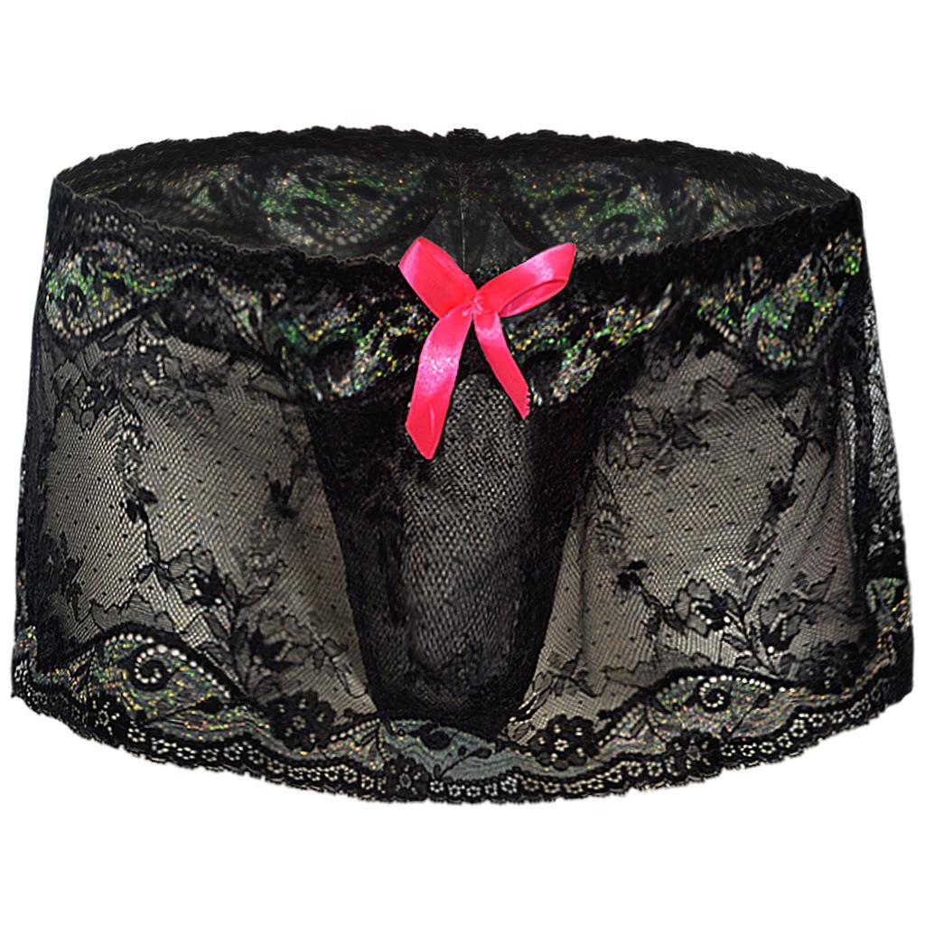 Men Lace Sheer Girly Underwear Sexy Sissy Pouch Panties Femboy Low Rise Bow Lingerie Skirted G-String T-Back Thong Gay Nightwear
