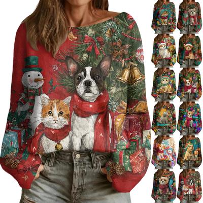 Women's Fashion Round Neck Long Sleeve Christmas Print Casual Pullover Sweater Top