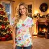 Camicia da lavoro da donna a maniche corte con scollo a V e tasche, stampa natalizia, top uniforme da assistente