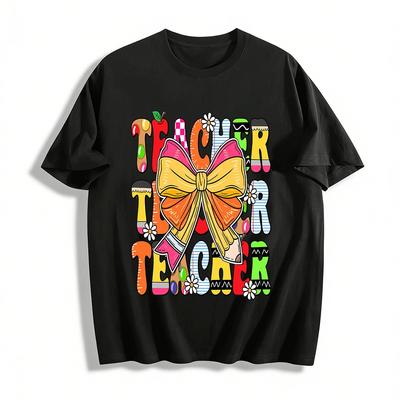 Cute Teacher Themed Print Top Bow Decor Casual School T-Shirt Pure Cotton T-shirt