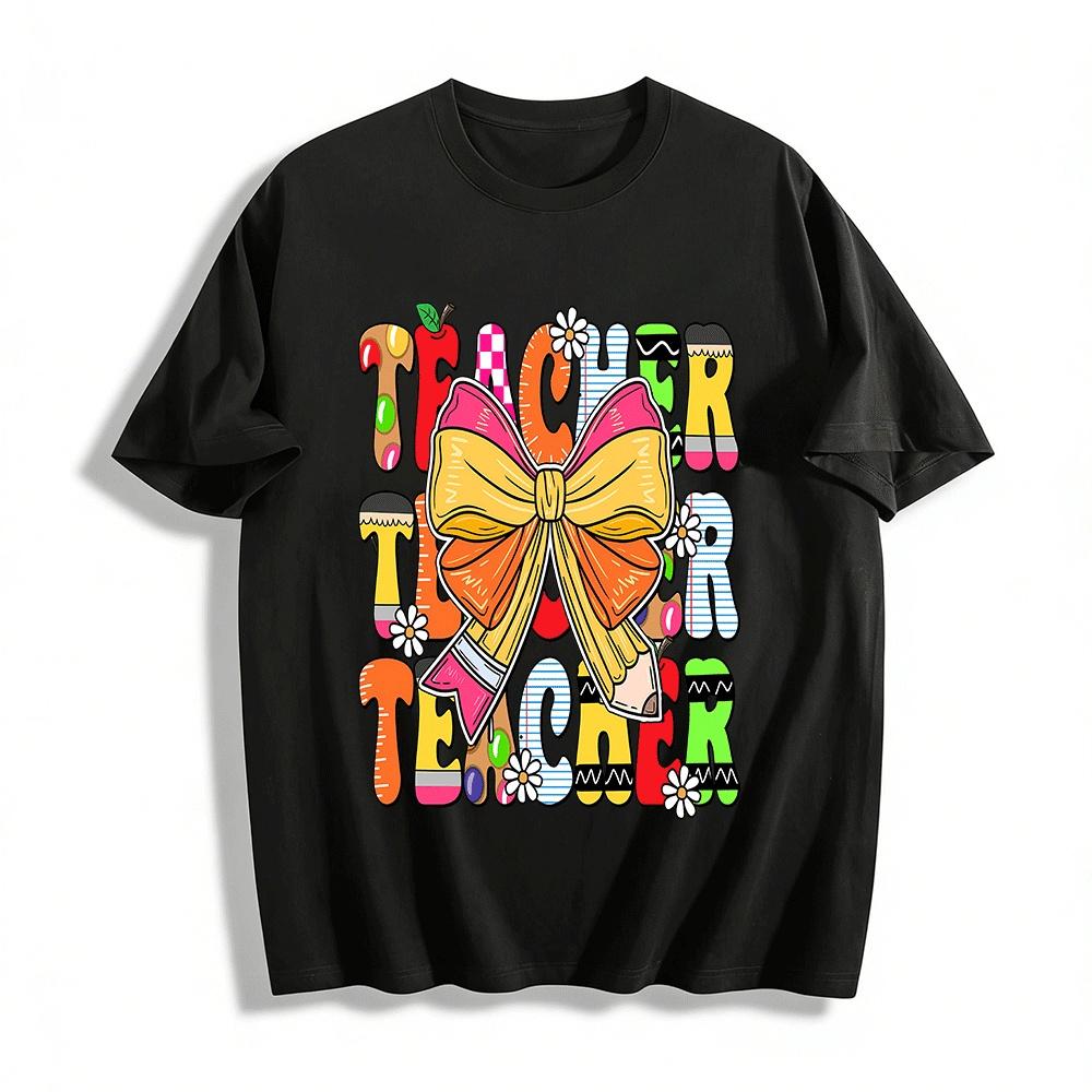 Cute Teacher Themed Print Top Bow Decor Casual School T-Shirt Pure cotton T-shirt XXS
