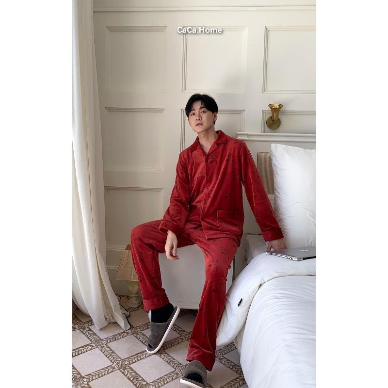 11 Couples wedding pajamas autumn Australian velvet long-sleeved natal burgundy loungewear autumn men's and women's pajamas
