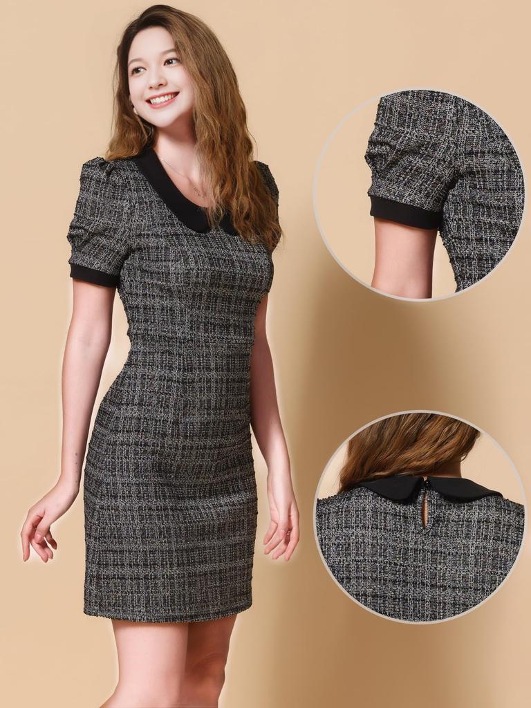 Allegra K Damen Tweedkleid, Peter-Pan-Kragen, Puffärmel, A-Linien-Minikleid, Schwarz, Größe M