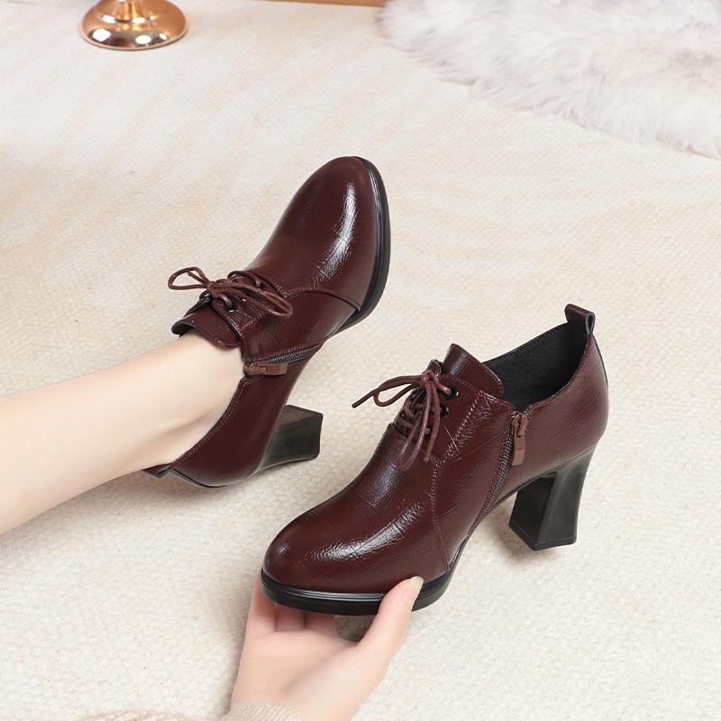 New Winter Women Boots Thick Heel Flat Shoes Anti-slip Velvet Laces for Comfort Ankle Autumn Fashion Leather Boots Office Mom