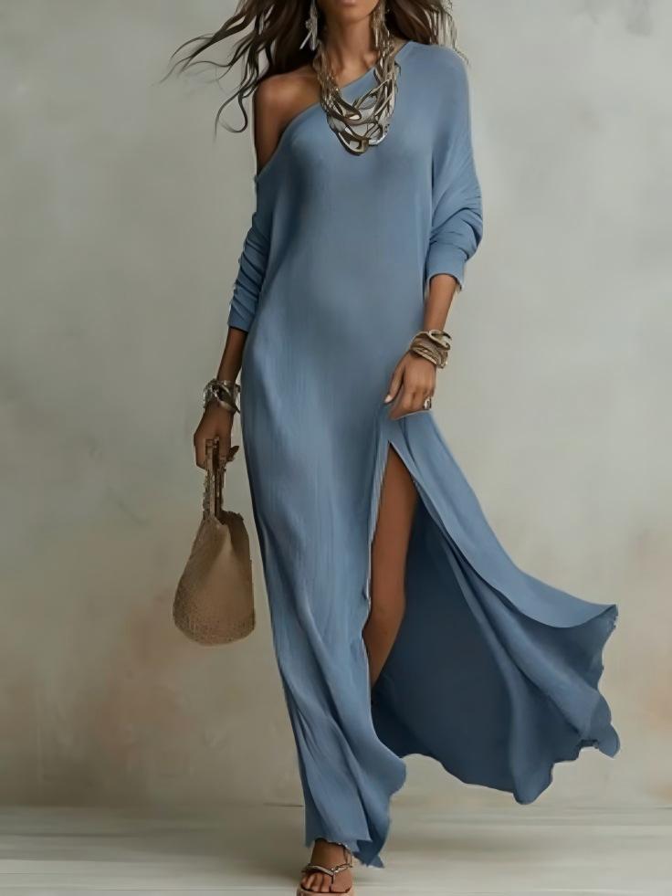 Nuovo Abito Elegante da Donna Estivo in Maglia Manica Lunga Pieghettato con Spacco