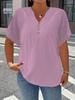 Plus Size Women's Solid V-Neck Buttoned Short Sleeve Top - Comfortable & Loose Fit, 2025 Collection.