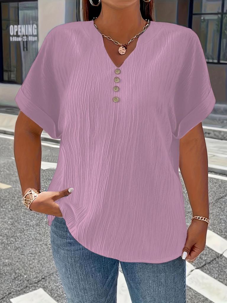 Plus Size Women's Solid V-Neck Buttoned Short Sleeve Top - Comfortable & Loose Fit, 2025 Collection.