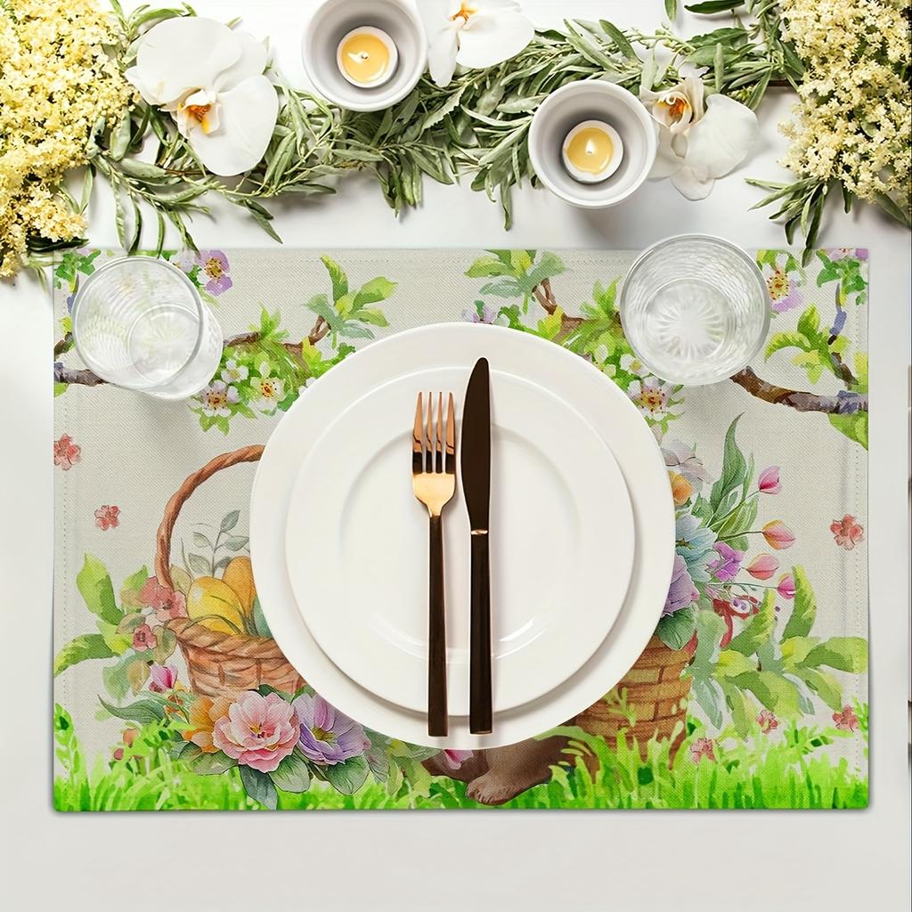 4pcs Easter Rabbit Placemats Set of 4 Spring Easter Egg Bunny Flowers Floral Place Mat 12x18 Inch Seasonal Farmhouse Fabric Tabl
