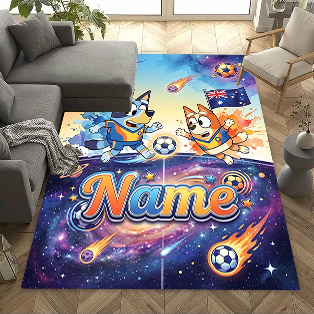 Bluey's Soccer Fun Customizable Name Floor Mat Suitable for Entryway Dormitory Dining Room Decorate room Anti-slip Rug Anime Office Decor