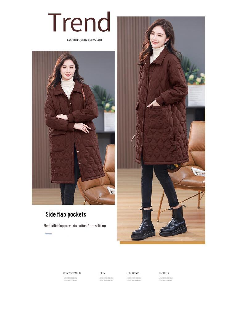 Women's Retro Argyle Cotton Mid-Length Winter Coat - Loose Casual Lapel Jacket