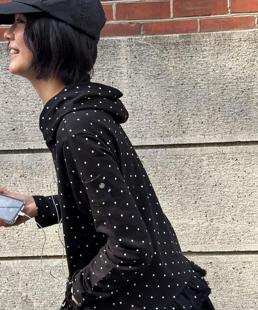 Frill Ribbon Hoodie Black Dot