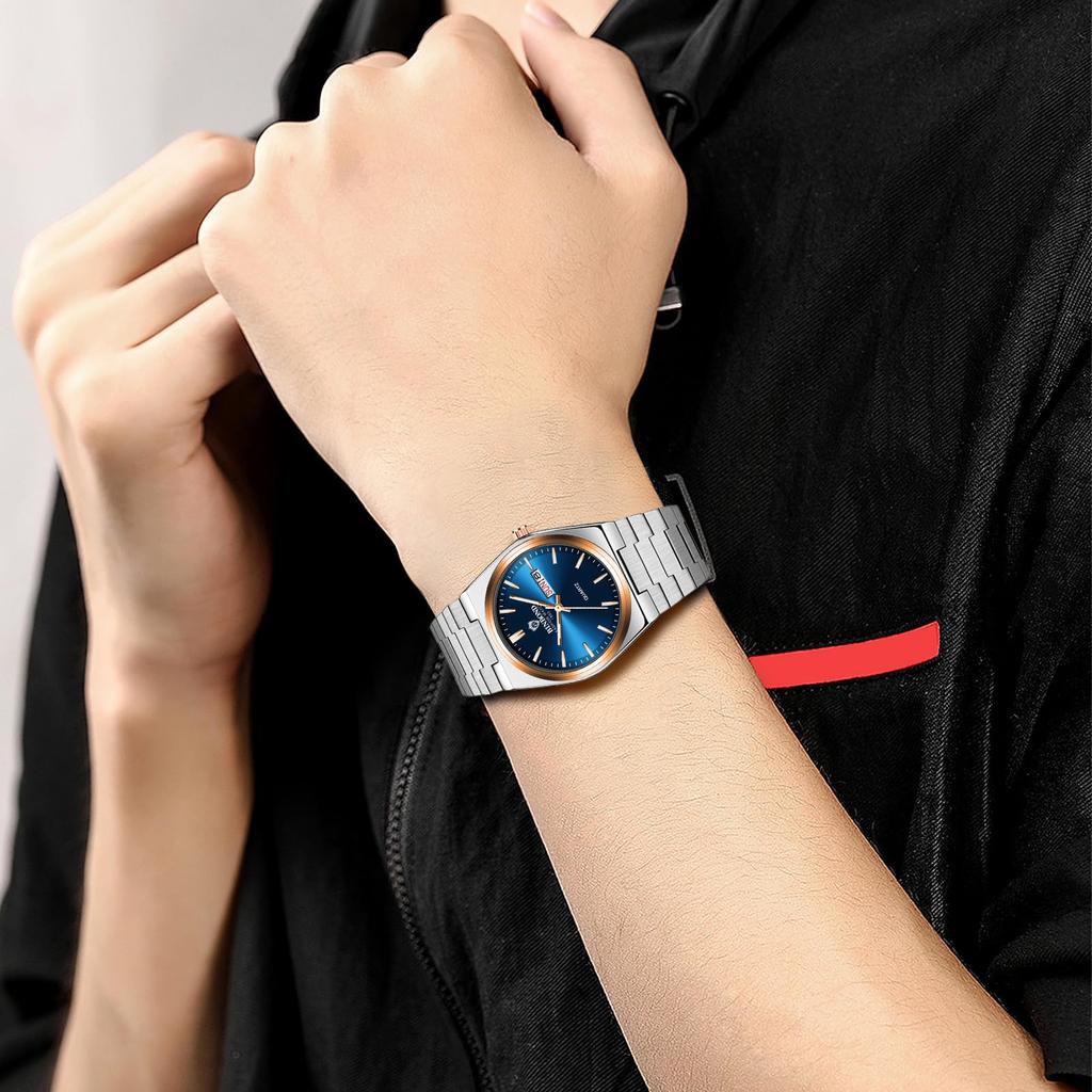 Men's Analog Watch with Stainless Steel Case, 3ATM Water Resistance, Calendar, Quartz Movement, and GoldSilver Colors - Perfect for Birthdays,