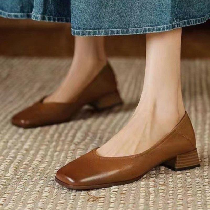 Fashion Spring New Thick Heel Low Top Shoes Women's Fashion Square Head Shallow Mouth Soft Sole Non-slip Single Shoes
