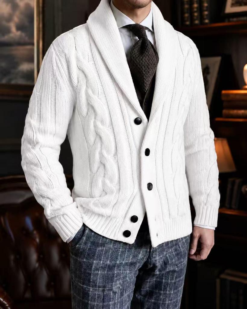 2025 Men's Lapel Long Sleeve Cable Knit Cardigan Sweater Coat - Autumn/Winter Collection