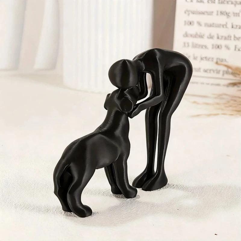 Abstract Art Man and Dog Sculpture Black Resin Figurine Healing Home Decor Accent for Pet Lovers