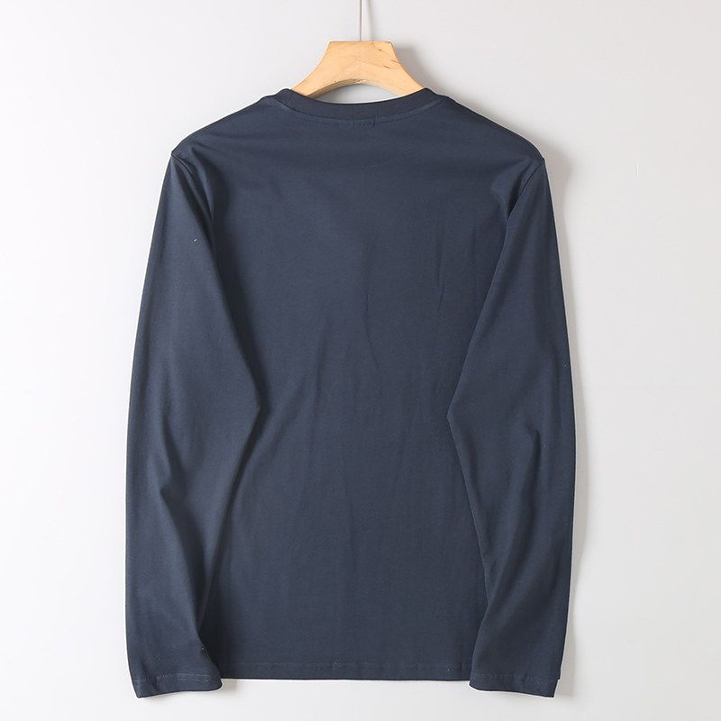 Heavy Industry Letter Embroidery! Autumn Men's Cotton Long Sleeves Shirt Foreign Trade Export Orders Solid Round Neck Bottoming Shirt