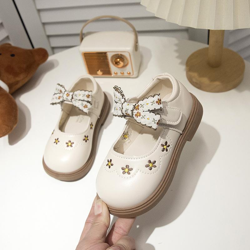 Girls Leather Shoes Sweet Flower Kids Flats Round Toes Cute Bow 2025 New Fashion Girls Princess Shoes Non-slip Soft Sole Ins