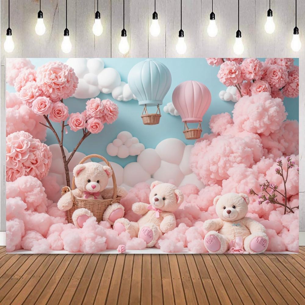 Pink Blue Dreamy Floral Clouds Photo Background Doll Bear Hot Air Balloon Newborn Baby Shower Birthday Party Decor Background14