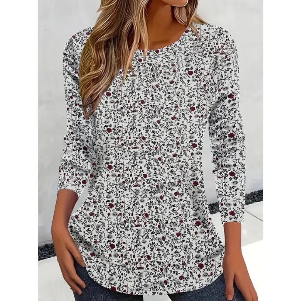 Tops for Women Floral Print Round Neck Long Sleeve T-shirt Fall Casual Slim Pullover Women's Long Sleeve Top