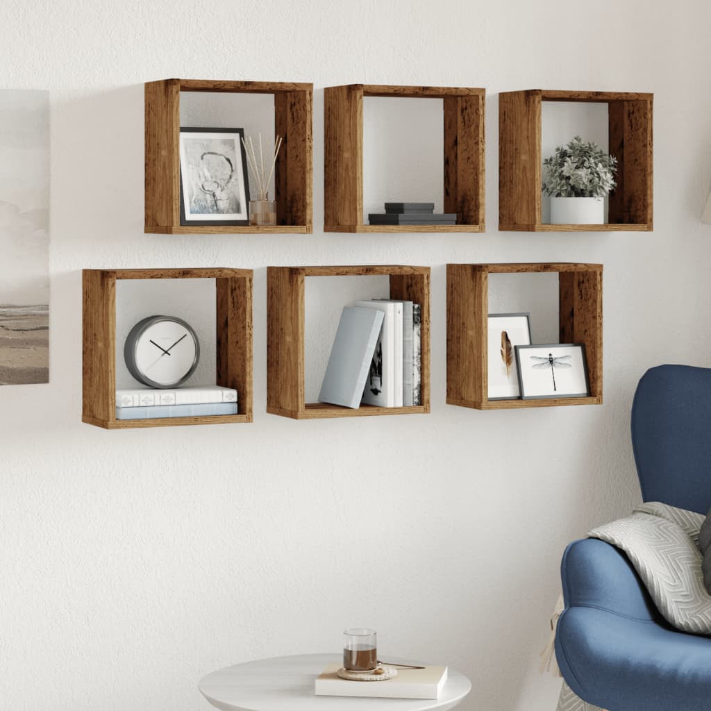 Cube Wall Shelves Set of 6 Rustic Wood Look 30 x 15 x 30 cm Wood Based Material