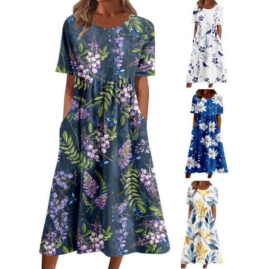 Women Summer Dress Round Neck Loose Fit Flower Print Wide Hem Short