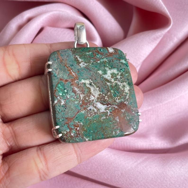 Chrysocolla Pendant With Silver Chain Necklace 925 Sterling Silver Pendant
