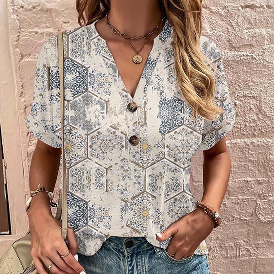 Frühling und Sommer Casual Damenmode Europäische und amerikanische Top Blumendruck Twist Button Mode Kurzarm Top Lose Damenmode