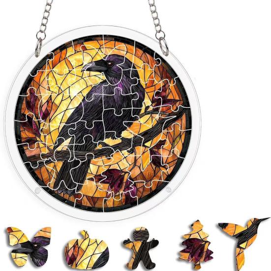 Halloween Acrylic Puzzle Decor, 2D Ghost Pumpkin Skeleton Hanging Sign, Faux Stained Glass Spooky Puzzle for Party Home Decor, Stress Relief Toy