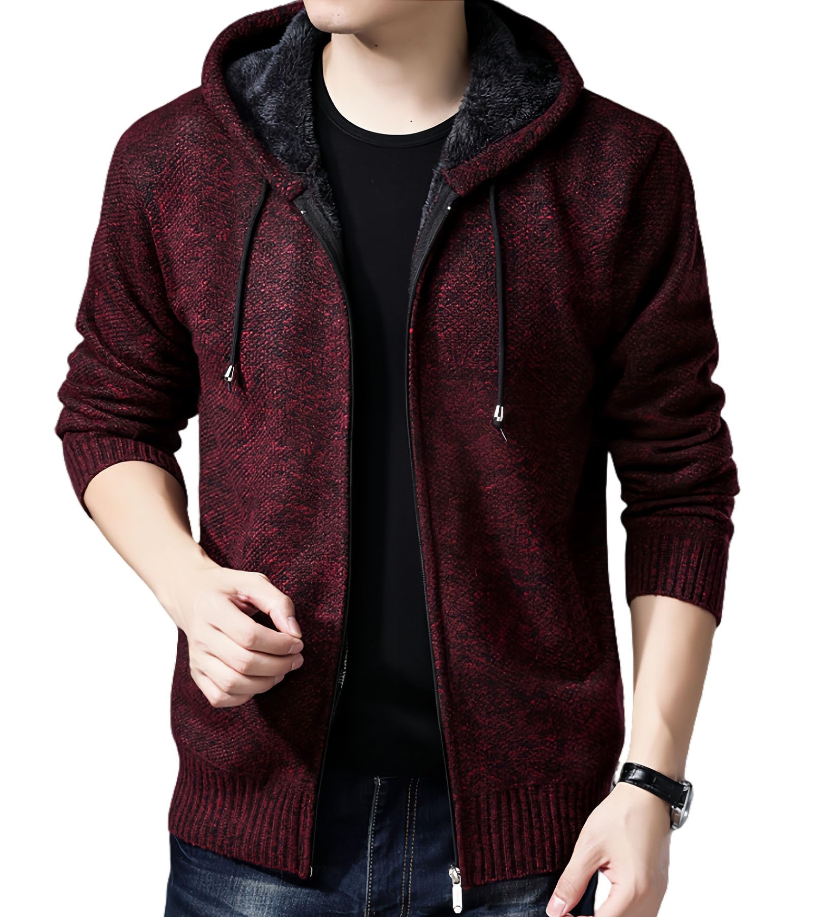 

SIPERLARI Вязаное длинное худи с размером Мужское худи на флисовой подкладке, Рукав, Теплое, На подкладке из боа, На молнии, Карманы, Популярное, Повседневное, Кемпинг, Подарок, Осень/Зима