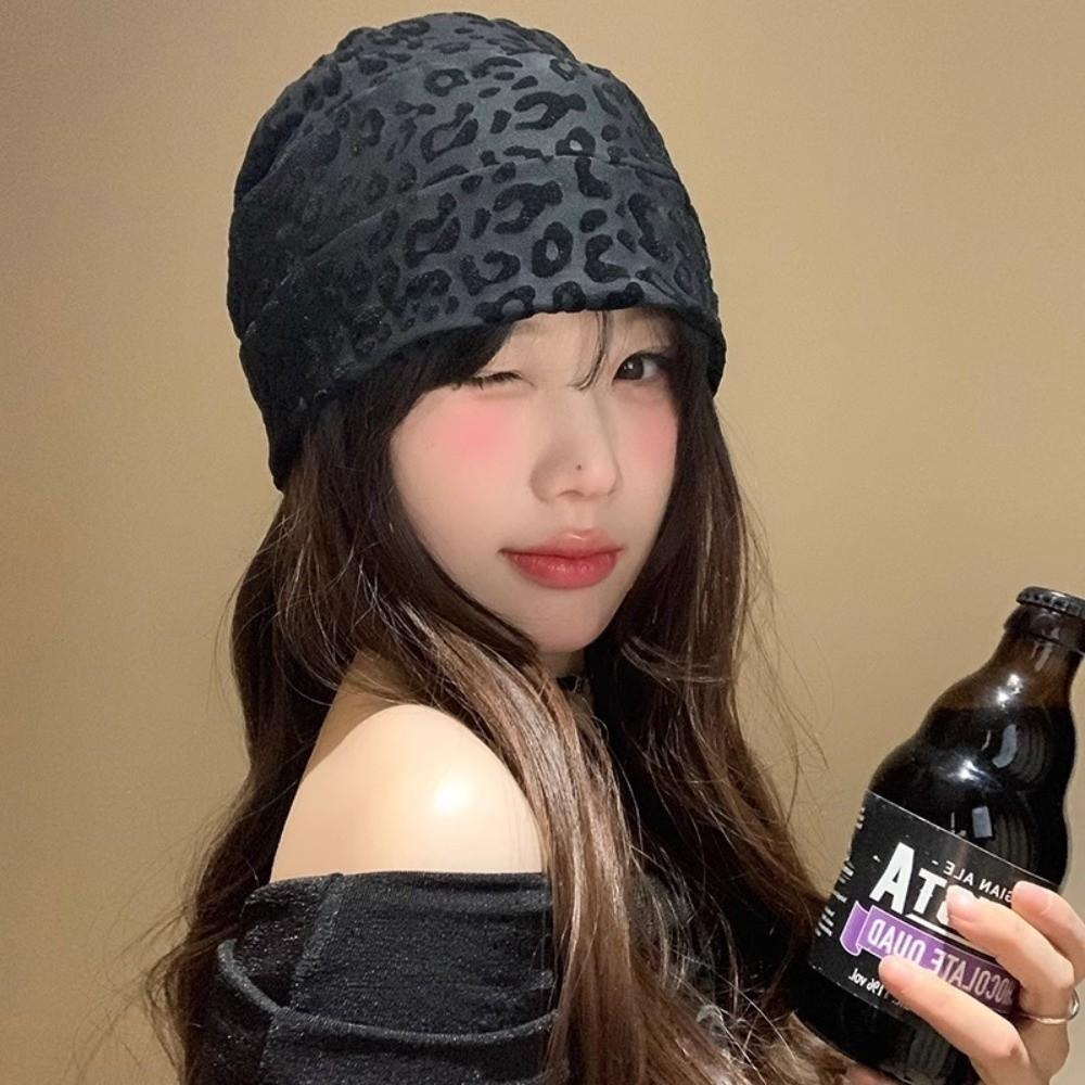 American Style Y2k Baggy Cap Stacking Leopard Beanies Cap Trendy Pullover Hats  Women