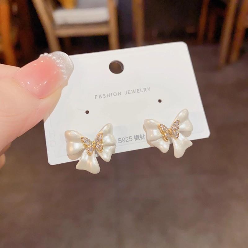 French Gentle and Sweet White Bow Stud Earrings Women's Light Luxury Earrings Ears
