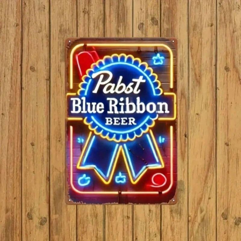

Vintage Metal Poster Pabst Blue Ribbon Neon Effect Wall Art Garage Bar Man Cave Decor