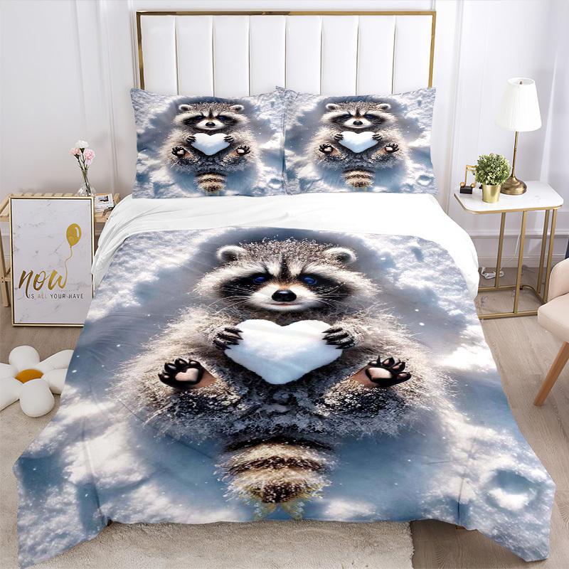 3pcs Raccoon Heart Snowflake Bedding Set - Includes One Quilt Cover and Two Pillowcases (No Core) - Anime Cartoon Design, Polyester Fabric,