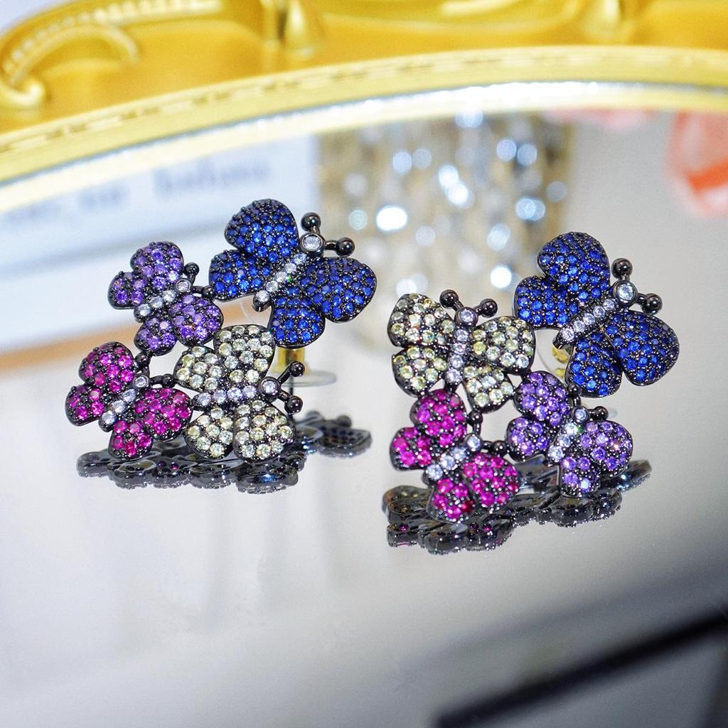 WWJ Creative Design Sense Flower Butterfly Retro Palace Style Micro-Inlaid Color Zircon Women's Party Drop Earrings