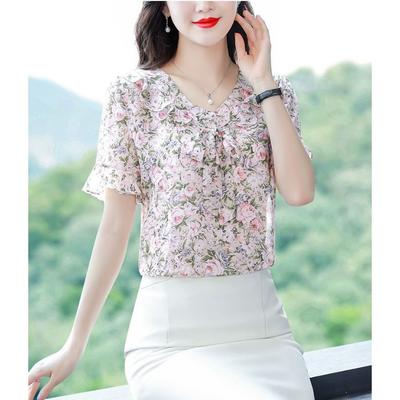 Modisches florales kurzärmeliges Chiffon-Top für Damen Sommer leicht schick vielseitiges Hemd