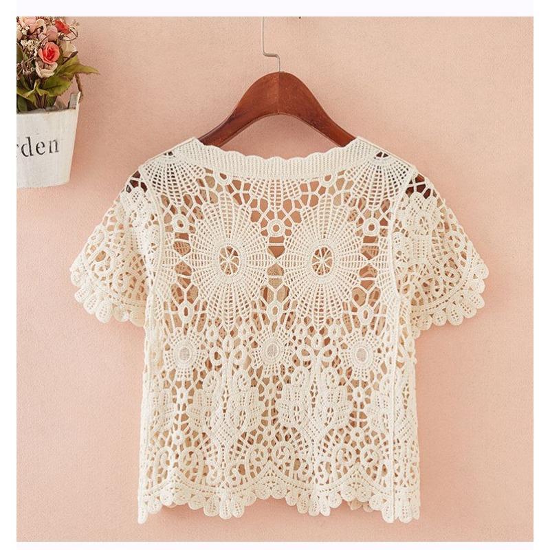 Womens Summer Short Sleeve Black Lace V Neck Button Down Cardigan