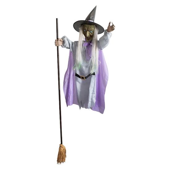 6 FT Halloweenská létající čarodějnice dekorace Hlasem aktivovaná animatronická čarodějnice na koštěti se svítícíma očima pro zahradu dvůr trávník venkovní vnitřní dekorace