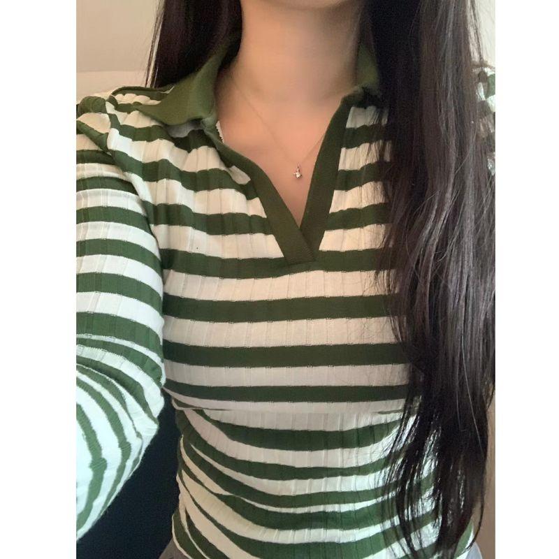 

@ Export Single American Stripes Polo Long Sleeves V Neck T-shirt Base Tops Green Stripes (No. 4 color M
