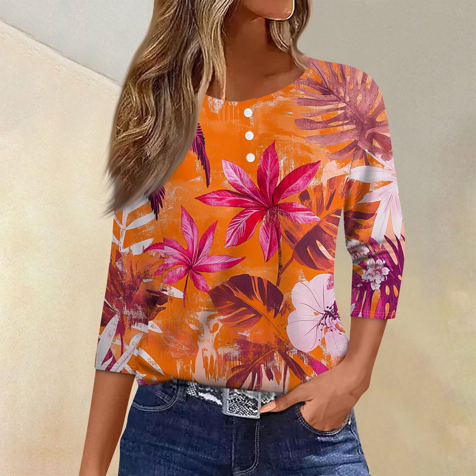 

Жен. Футболка Футболка С принтом Пуговицы Рукав 3/4Ежедневно Выходные Мода Классический Топ с v-образным вырезом Обычный XL оранжевый